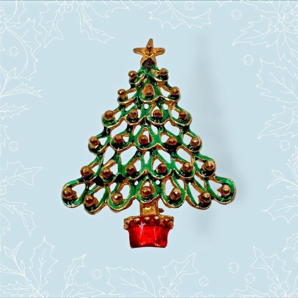 Christmas Tree Brooch Pin Vintage Jewelry Green Star Top Textured 2.5 inch - Picture 4 of 5